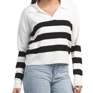NWT CYRUS Striped White Blue Polo Pull Over Knit Sweater with Ribbed Cuffs & Hem